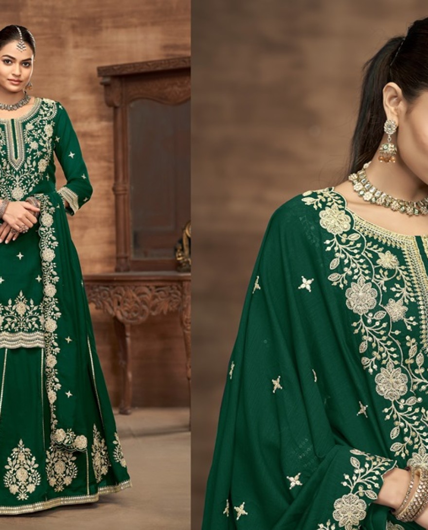 226-green  - Green Embroidered Traditional Sharara Style Suit.